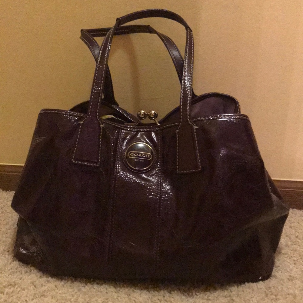 Purple patent leather coach bag